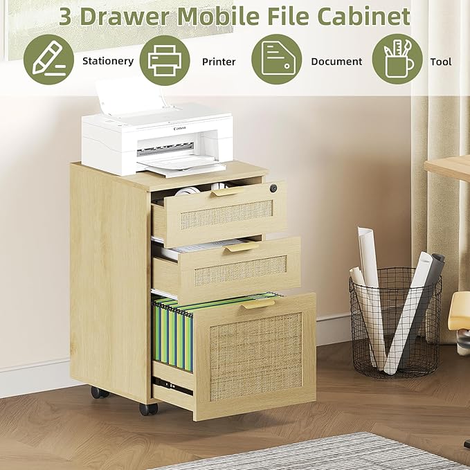 HOPUBUY 3 Drawer File Cabinet with Lock, Rattan File Cabinets with Wheels, Small Filing Cabinet for Hanging A4/Letter/Legal/F4, Rolling Wood Filing Cabinets for Under Desk Home Office, Natural Wood
