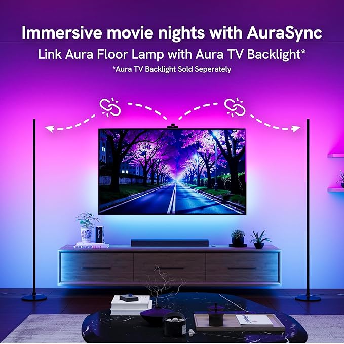 Aura Labs RGBICW Floor Lamp, Ambient Light LED Corner Light Alexa Control with Music Sync 1000 Lumen 4-Billion Colors, 90+ CRI, Preset & Custom Colors & Scenes, Modern Floor Lamps for Living Room