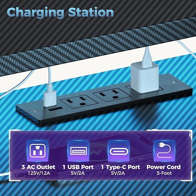 DUMOS L Shaped Gaming Desk with Shelves Storage Drawers 52'', Black Computer Desks with LED Lights Power Outlets, Office Wood Table with PC Stand Cable Management for Bedroom Dual Monitor Streaming