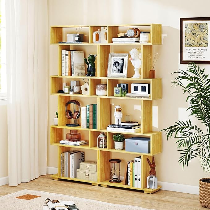 Giantex 6-Tier Geometric Bookshelf, S-Shaped Bookcase with 2 Anti-Tipping Kits, Wooden Display Shelf, Decorative Storage Shelving Unit, Home Storage Organizer for Office Living Room, Burlywood