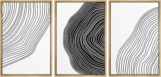 SIGNFORD Framed Canvas Print Wall Art Set Black White Spiral Ring Polygons Abstract Shapes Illustrations Modern Art Bohemian Nordic Relax/Calm for Living Room, Bedroom, Office - 16"x24"x3 Natural