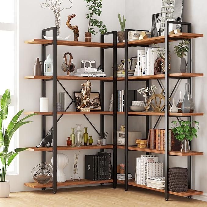 BATHWA Wood and Metal Minimalist 5 Tier Bookshelf, 6 feet Tall Open Rustic Wide Bookcase Industrial Style, Modern Wooden Big Book Shelf for Home Living Room Bedroom Office Storage, Rustic Brown