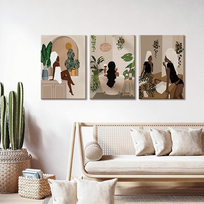TUEASKY 3 Piece Canvas Wall Art Black Girl Wall Art Black Woman Paintings Prints Boho Pictures Wall Decor for Bathroom