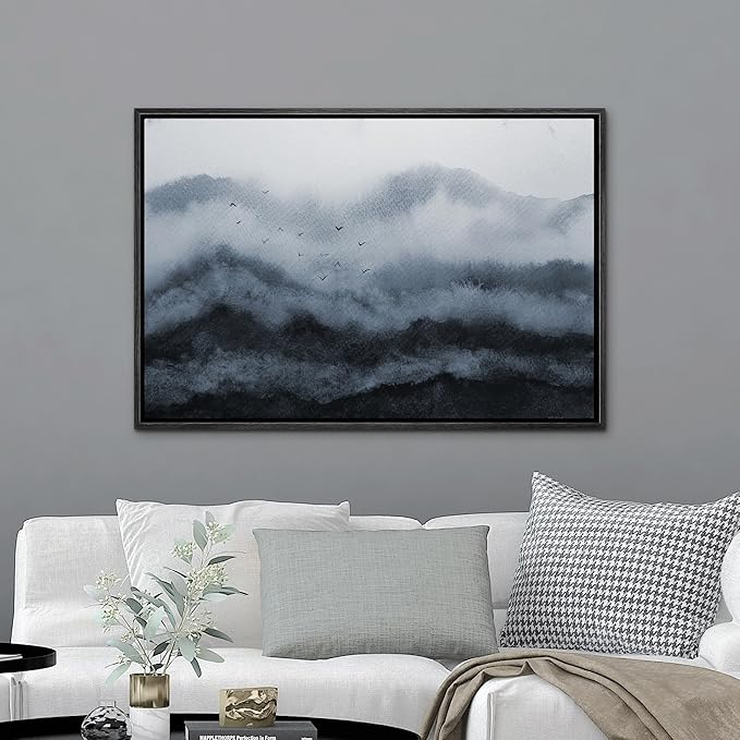 MUDECOR Framed Canvas Print Wall Art Peaceful Mountain Mist with Flying Birds Soft Watercolor Landscape Illustrations Minimalism Decorative Relax for Living Room, Bedroom, Office - 16"x24" BLACK