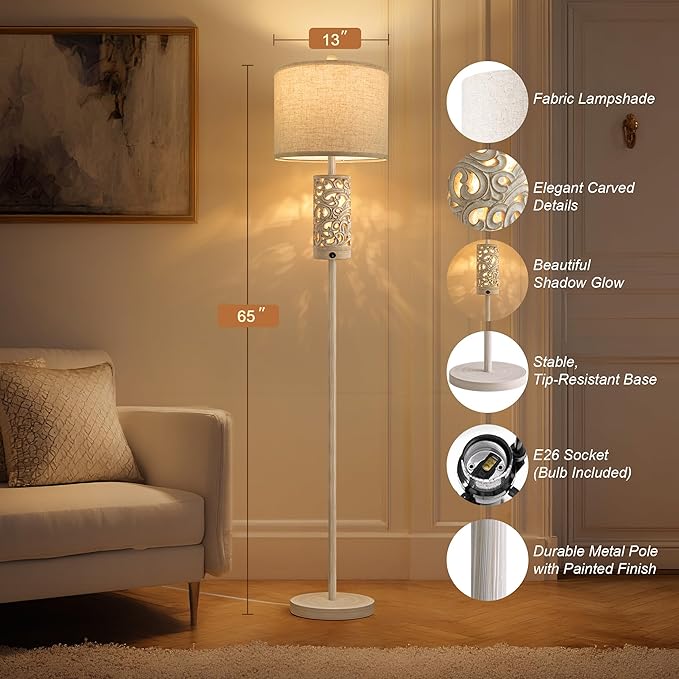 OYEARS 65" Floor Lamp with Night Light,Farmhouse Floor Lamps for Bedroom,Tall Floor Lamp for Living Room,Rustic Floor Lamps,Vintage Standing Lamp with Linen Shade,Boho Reading Lamp for Home Decor
