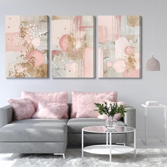 3Pcs Framed Pink and Gold Canvas Wall Art Abstract Posters Print Geometric Pictures Decor for Living Room Bedroom Bathroom Home Decoration