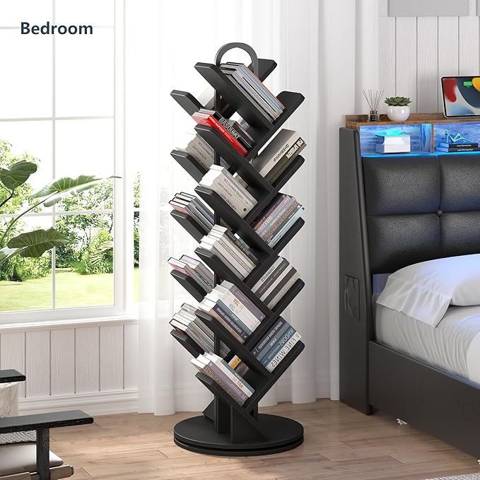 TVU 20-Tier Tree Rotating Bookshelf, 360 Degree Spinning Standing Bookcase for Magazines DVDs Books, Corner Bookcase for Living Room Bedroom Study, Black