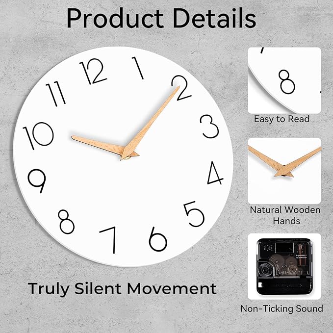 Wall Clock, 10 Inch Wooden Silent Non-Ticking, Decorative Battery Operated Wall Clocks for Bedroom, Kitchen, Home, Living Room, Office, School, Hotel (White)