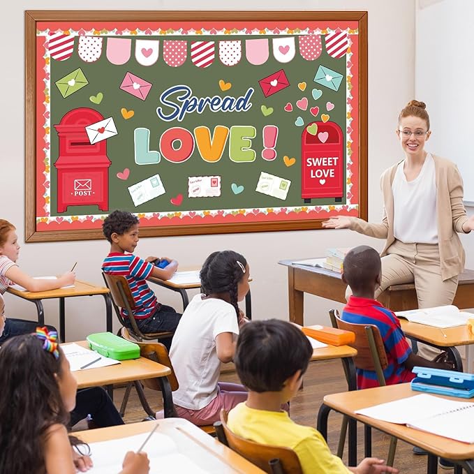 Valentine's Day Bulletin Board Decoration Spread Love Classroom Decorations Valentines Day Bulletin Board Set Love Heart Mail Box Paper Cutouts for Home School Office Chalkboard Wall Door Supplies