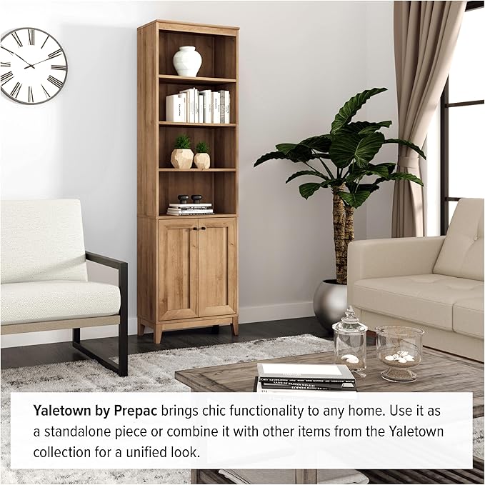 Prepac Yaletown Bookcase with Doors, Oak Storage Cabinet with Doors and Shelves, Accent Cabinet 23.75" W x 79.50" H x 12.25" D, OSBR-2310-1