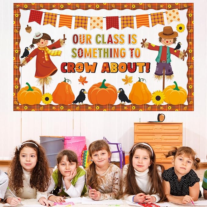 Fall Bulletin Board Decorations Set Scarecrow Crow Classroom Decor Pumpkin Maple Leaf Paper Cutouts for Thanksgiving Autumn Party Motivational September School Classroom Chalkboard Wall Supplies Favor