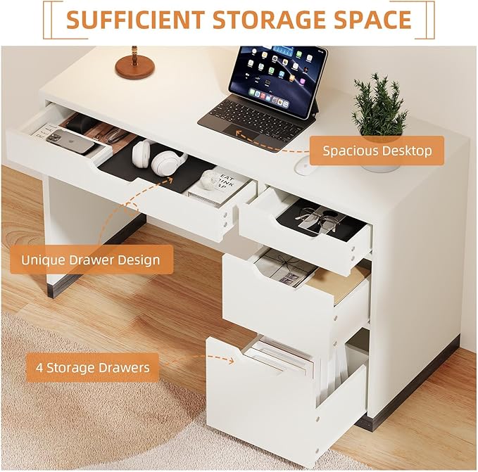 White Desk with Drawers, Small Home Office Desk with 4 Storage Drawers for Small Space, Study Writing Desk for Bedrrom
