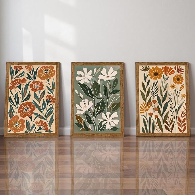 InspiredHues 3 Piece Large Abstract Boho Floral Canvas Wall Art, Green Beige Flower Market Wall Decor, Minimalist Colorful Botanica Art Prints for For Living Room Bedroom Office 20x30 Inch Wood Framed