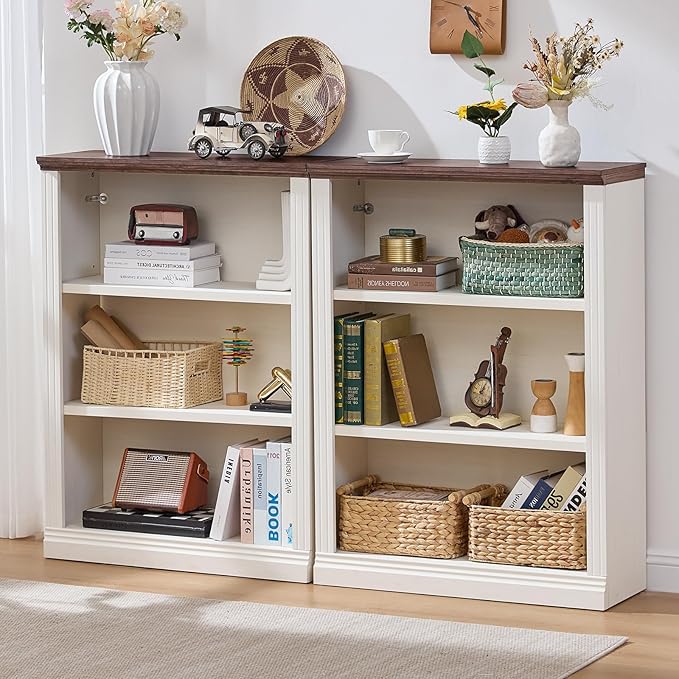 43" White Tall Bookshelf Set of 4,3-Tier Thick Wooden Book Shelf with Adjustable Shelves,Free Standing Farmhouse Bookcase with Open Display Storage,Floor Vintage Bookshelves for Living Room