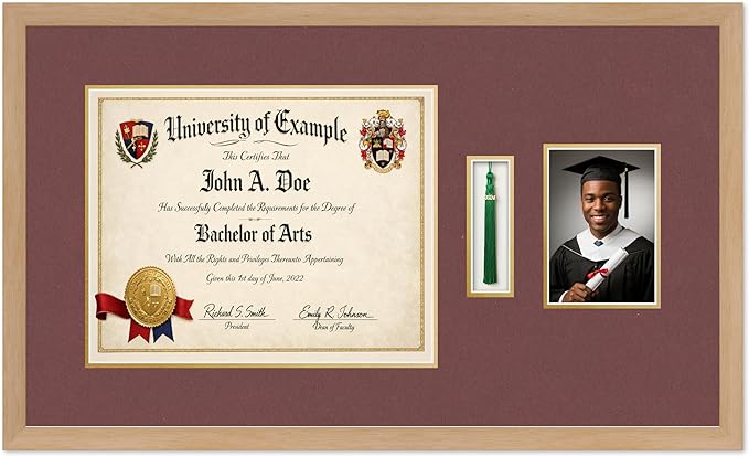 CountryArtHouse Diploma Tassel and Photo Shadowbox Fits 15 x 12 Military/Government with Tassel Hook an Natural Wood Genuine Hardwood with Dark Red Over Metallic Gold Double mat