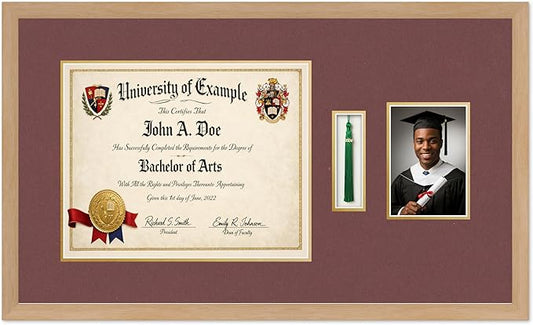 CountryArtHouse Diploma Tassel and Photo Shadowbox Fits 15 x 12 Military/Government with Tassel Hook an Natural Wood Genuine Hardwood with Dark Red Over Metallic Gold Double mat