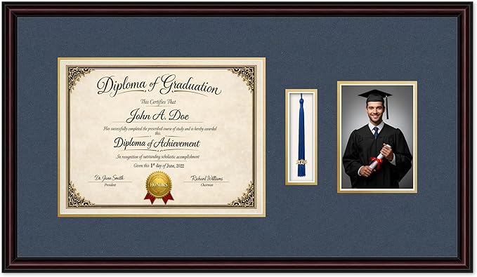 Diploma Tassel and Photo Frame Executive Brown Shadowbox Navy Blue Over Gold Mat - Fits 13 x 10 Degree Picture Made in the USA