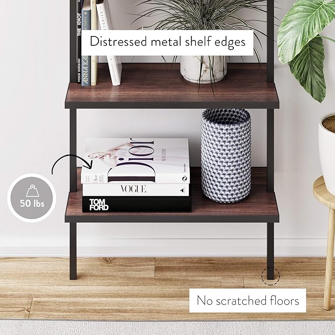 Nathan James Theo 5-Shelf Wood Modern Bookcase, Open Wall Mount Ladder Bookshelf with Industrial Metal Frame, Walnut Brown/Black, Set of 4