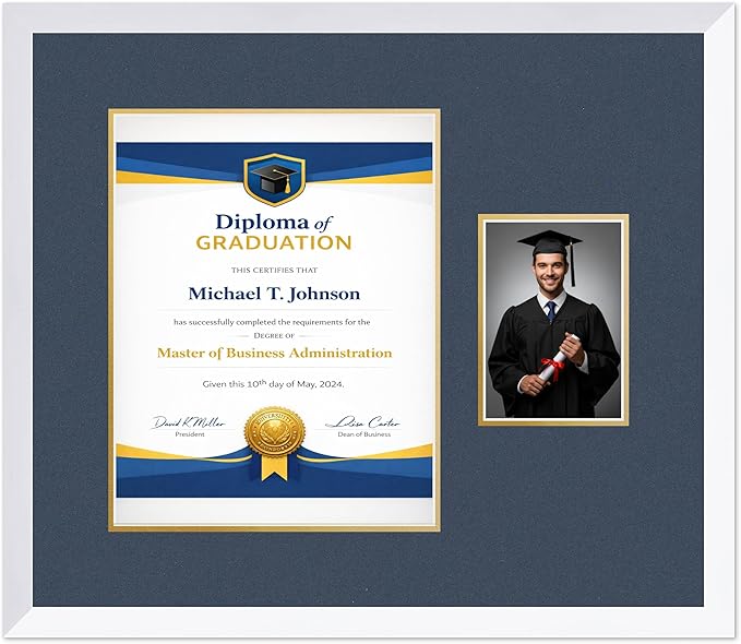 Diploma Frame With Photo Opening Bright White Navy Blue Over Gold Mat - Fits 11 x 14 Degree and Picture Made in the USA