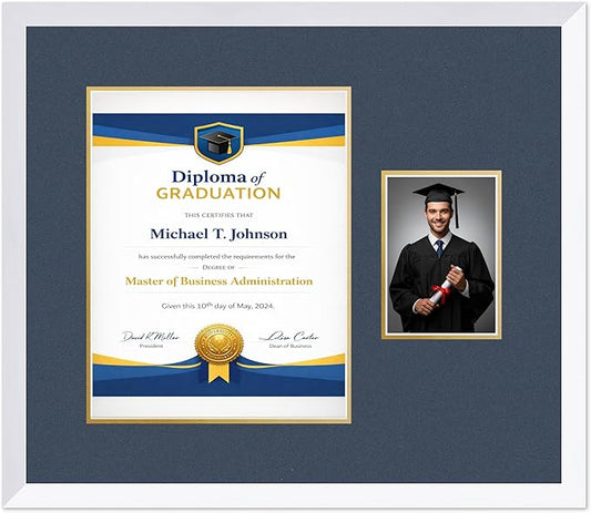 Diploma Frame With Photo Opening Bright White Navy Blue Over Gold Mat - Fits 11 x 14 Degree and Picture Made in the USA