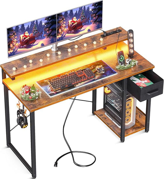 AODK Gaming Desk with LED Lights & Power Outlet, 48 Inch Computer Desk with Drawers, Reversible Small Desk with Monitor Stand & Headphone Hook for Home Office, Rustic Brown