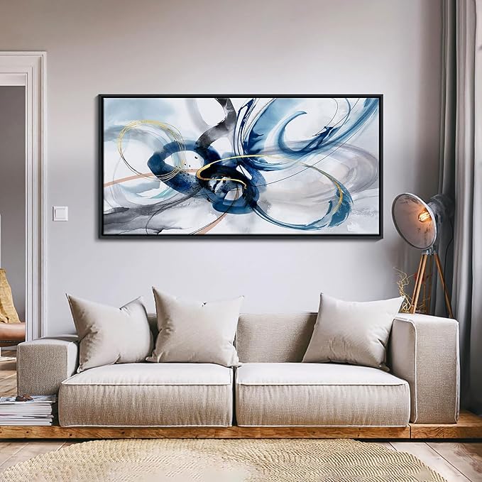KLAKLA Large Wall Art for Living Room - Abstract Wall Decor Framed Picture Artwork for Wall Decorative Paintings Blue and White Modern Office Bedroom Art
