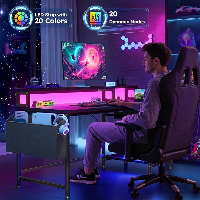 48" Computer Desk with Drawers & Storage Bag, Gaming Desk with Power Outlets and LED Lights, Office Desk with Monitor Stand for Bedroom Gaming Room, Study Work Home Office, Black