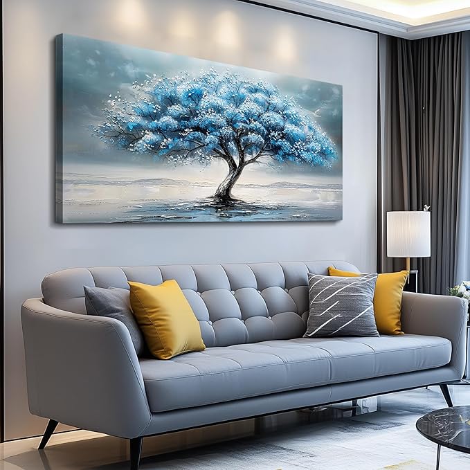 FUHAIHUA Canvas Wall Decor For Living Room Wall Art For Bedroom Large Size Office Decorations Blue Tree Paintings Abstract Wall Pictures Artworks ReadyTo Hang Dormitory Home Decoration 20"X40"