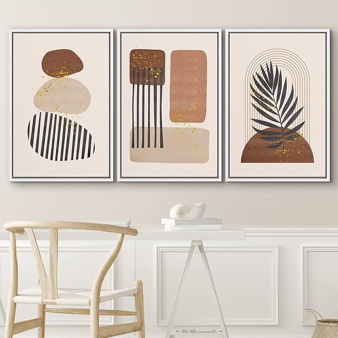 IDEA4WALL Framed Canvas Print Wall Art Set Geometric Mid-Century Pastel Polygon Tropical Leaf Abstract Shapes Illustrations Modern Art Nordic for Living Room, Bedroom, Office - 16"x24"x3 White