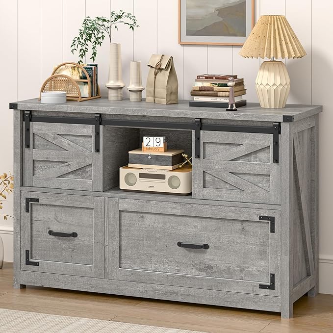Vabches Lateral File Cabinets 2 Drawer with Sliding Barn Doors, Farmhouse Filing Cabinet with 2 Drawer for Home Office，Filing Organization Storage Cabinets for Hanging Files Letter/Legal/F4/A4.Grey