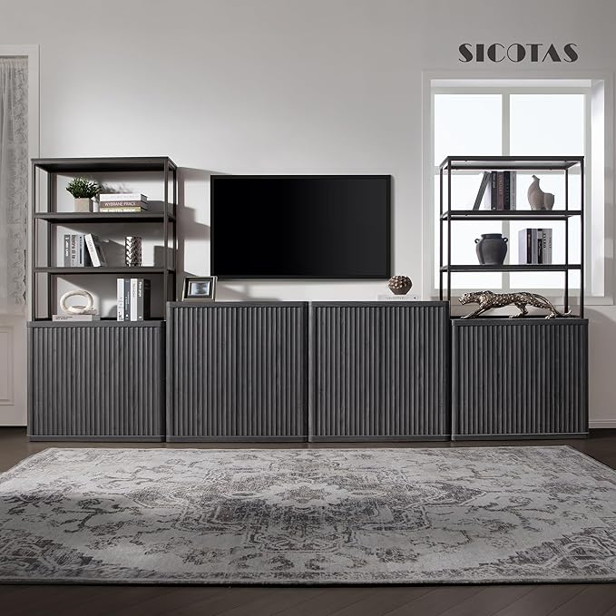 SICOTAS Book Shelf Fluted Bookshelf 71" Tall Bookcase with Doors Storage 5 Tier Mid Century Modern Bookshelves Large Shelves Metal Book Cases for Living Room Office Bedroom Kitchen Library (Black)