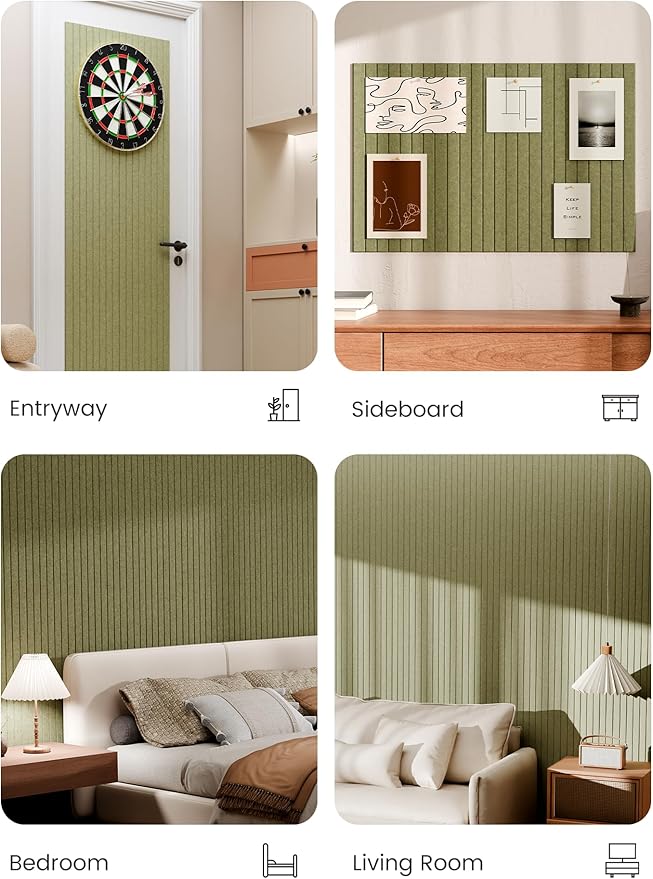 Bumusty Large Cork Board Alternative-36 x 24" Felt Bulletin Board Tiles, with 30 Pushpins, 40 Adhesive Tabs, 6-Pack Slat Wall Paneling, Cork Boards for Office Push Pin Board Felt Board-Olive Green
