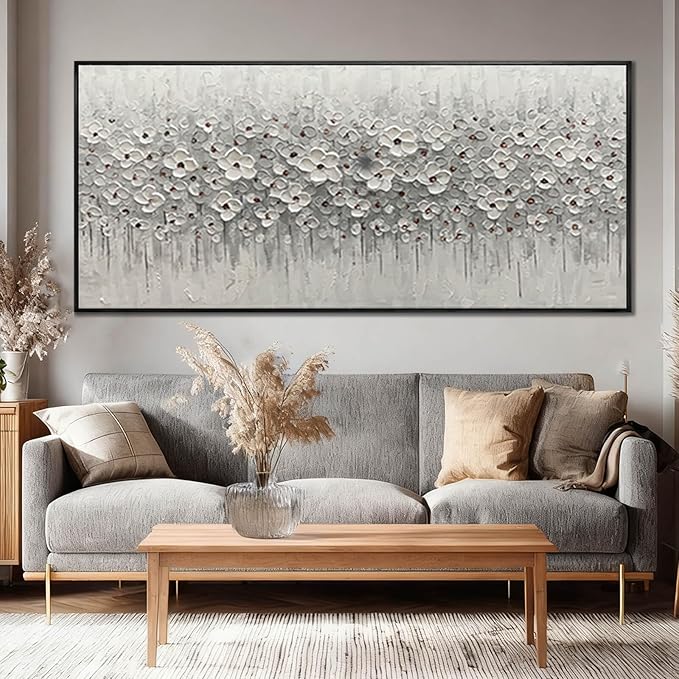 SDYA Large Floral Wall Art, 32"x70"Hand Painted White Flower Canvas Painting With Frame,Modern Minimalist Abstract Artwork for Living Room Bedroom Hallway Home Decor