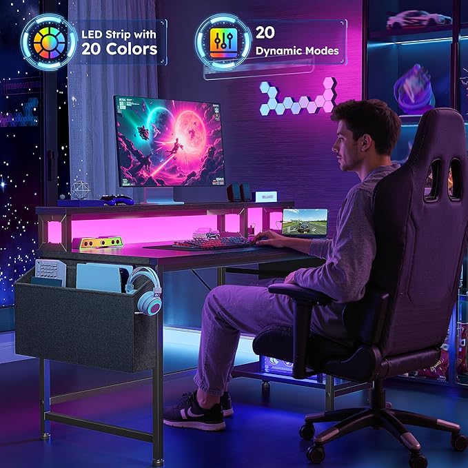 40" Gaming Desk with Drawers&Storage Bag, Computer Desk with Power Outlets and LED Lights, Office Desk with Monitor Stand for Bedroom Gaming Room, Study Work Home Office, Small Spaces, Black