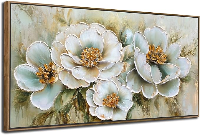 Arjun Framed Canvas Wall Art for Bedroom, Vintage Gold Flower Painting Living Room Textured Floral Large Artwork Picture Dining Room Kitchen Home Office Wall Decor, 40"x20"
