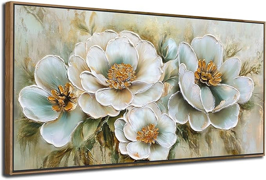 Arjun Framed Canvas Wall Art for Bedroom, Vintage Gold Flower Painting Living Room Textured Floral Large Artwork Picture Dining Room Kitchen Home Office Wall Decor, 40"x20"
