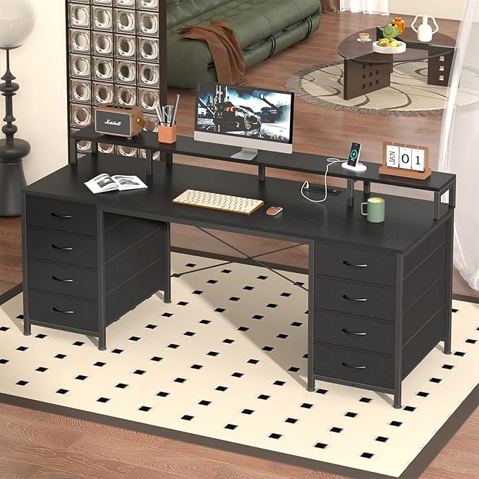 60 Inch Computer Desk with 8 Drawers, Gaming Desk with LED Lights & Power Outlets, Home Office Desk with Monitor Stand, Black
