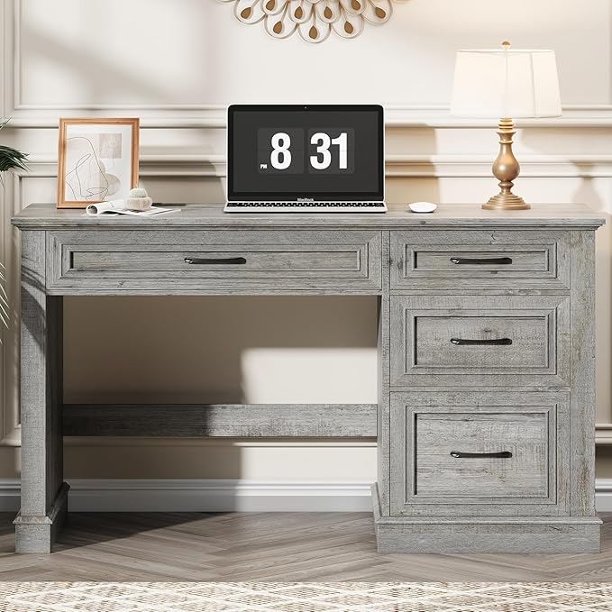 Farmhouse 47" Executive Desk, Computer Desk with Drawers and File Drawer, Workstation Computer Desk with Charging Station for Home Office,Study,（Grey）