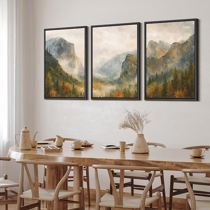SIGNFORD Framed Wall Art Print Set Misty Mountain Valley Watercolor Serene Nature Landscape Digital Art Modern Art Contemporary for Living Room, Bedroom, Office - 16"x24"x3 Black
