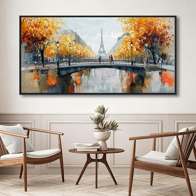 KLAKLA Black and White Canvas Wall Art for Living Room Bedroom Bathroom Orange Paris Theme Room Decor Oil Painting Print Tower Eiffel Painting for Wall Decor 29x58 Inches
