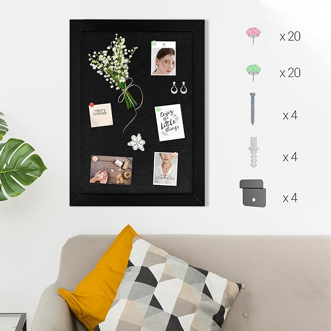 Board2by 2-Pack Farmhouse Linen Cork Bulletin Board, Black Frame 30" x 20" Corkboard, Office Board for Wall Decor, Wall Mounted Pin Board Picture Board with 40 Pushpins for School, Home & Office
