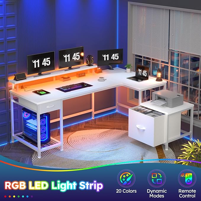 96.5'' Computer Desk with Drawers, Gaming Desk with LED Lights & Monitor Shelf, Office Desks with Power Outlets, L Shaped White Corner Desks for Home Office, Study Room and Bedroom, White