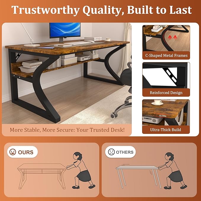 Computer Desk, 55'' Computer Desk Home Office Desks w/Storage Shelves & U Shaped Metal Frame, Study Writing Desk w/Cable Management, Deeper & Thicker Desktop Table for Home Office