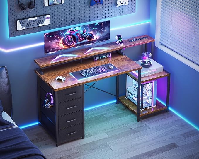 ODK 55 Inch Computer Desk with 4 Drawers, Office Desk with Power Outlets, Printer Shelf & Storage Shelves, Large Writing Study Table for Home, Bedroom, Study or Gaming Setup, Vintage