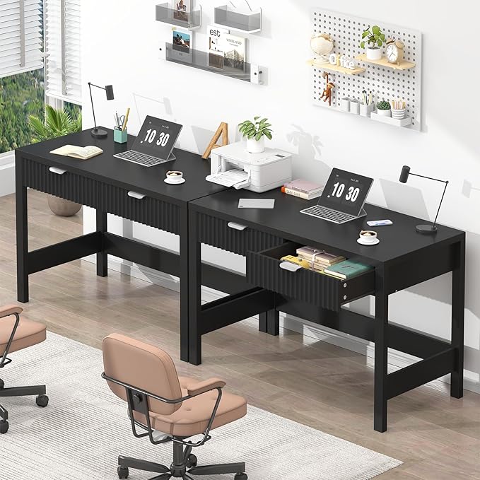 Fluted Computer Desk with 2 Drawers, 39 Inch Small Computer Desk with Storage, Compact Writing Study Desk for Small Spaces, Black