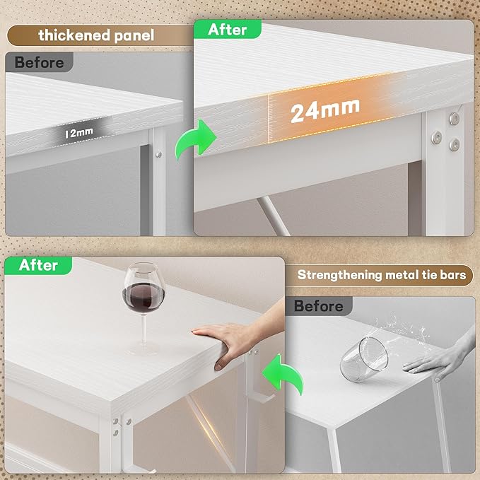 63 Inch L Shaped Desk with 0.95 Inch Thicker Desktop & Storage Bag, Computer Desk with Power Outlets & Lights, Reversible Desk for Home Office, Corner Desk, Study Room, Bedroom, White