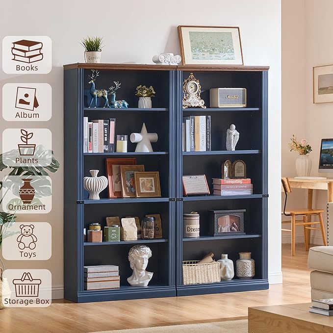 70" Blue Tall Bookshelf Set of 2,5-Tier Thick Wooden Book Shelf with Adjustable Shelves,Free Standing Farmhouse Bookcase with Open Display Storage,Floor Vintage Bookshelves for Living Room
