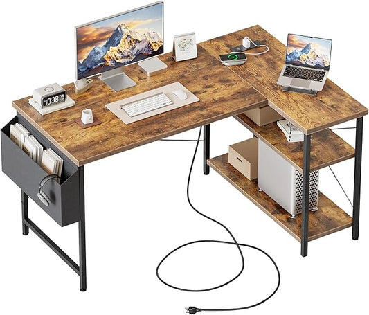 Mericonia Small L Shaped Computer Desk with Power Outlets, Reversible Gaming Desk with Storage Shelves, Corner Gamer Desk Table, Study Writing Table