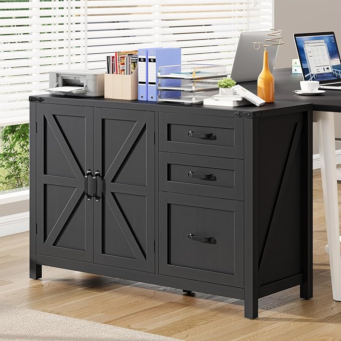 3 Drawer File Cabinet, Farmhouse Lateral Filing Cabinet with Doors for Letter/A4 Size Hanging Files, Large Wood Storage Cabinets Printer Stand with Adjustable Shelf for Home Office, Black