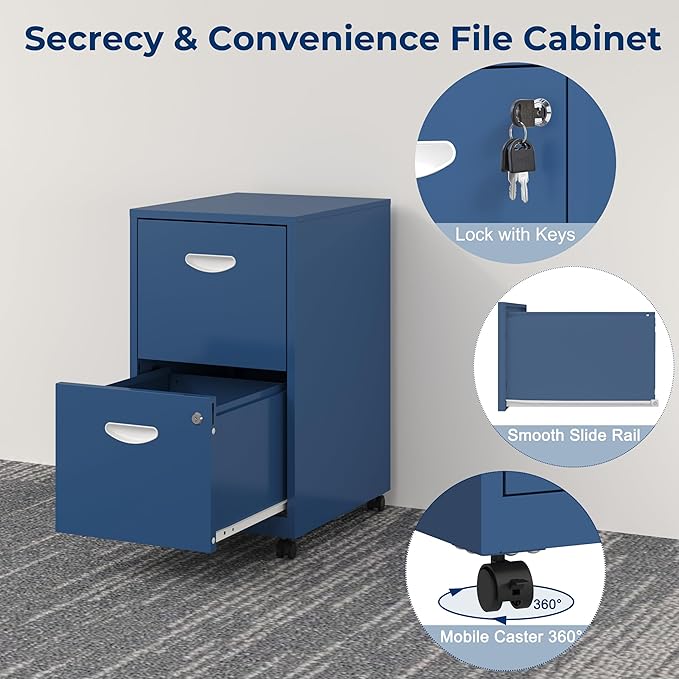 2 Drawer File Cabinet with Lock, Filing Cabinets with Wheels, Rolling File Cabinets for Home Office, Metal Office File Cabinet, Mobile Filing Cabinet for Holding Letters and File Boxes, Blue